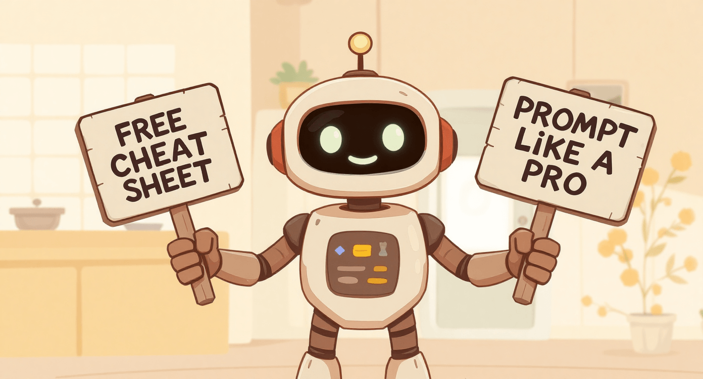 Cartoon robot offering a free cheat sheet and prompt guide, symbolising beginner and advanced next steps in AI learning.