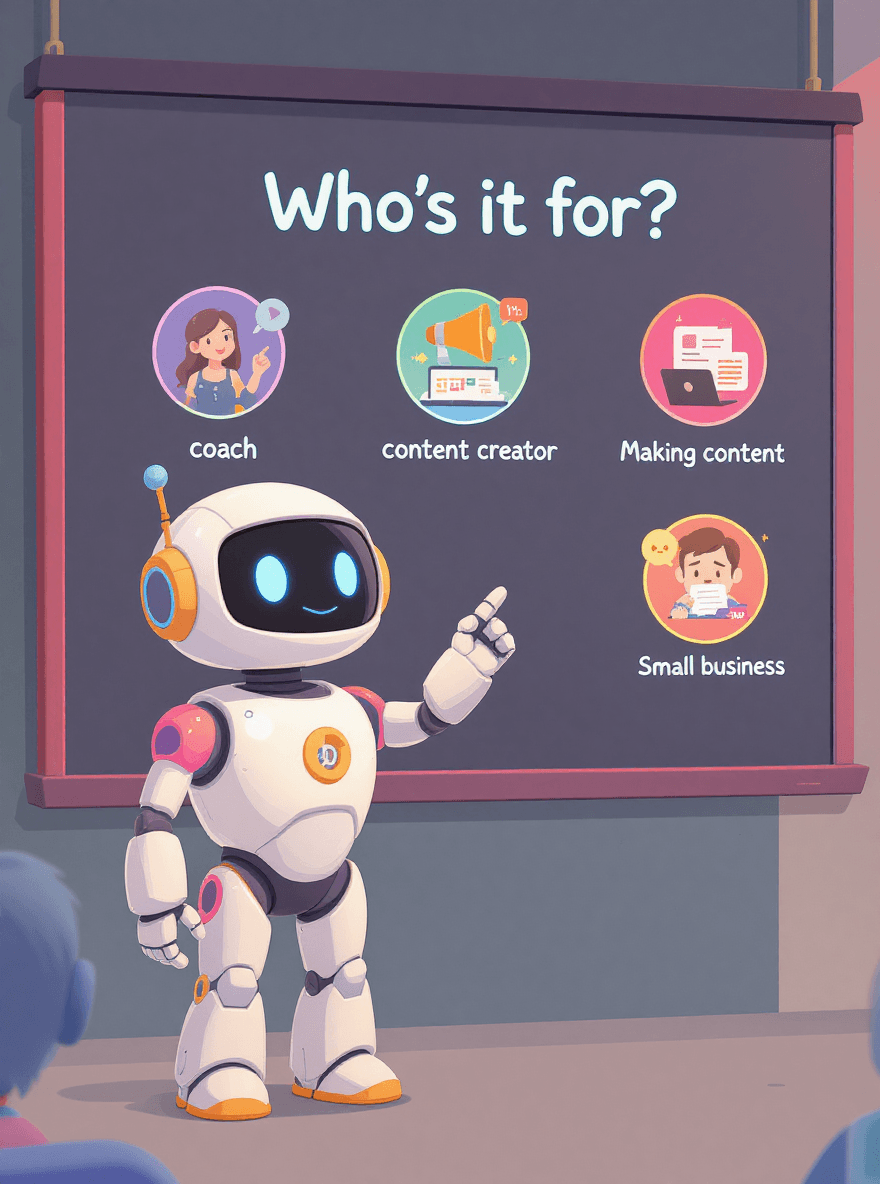 friendly robot mascot teaching beginners, creators, coaches and small business owners how to use AI prompts without jargon or tech skills