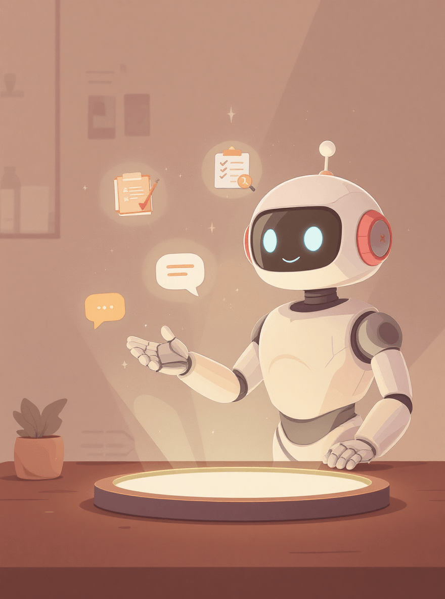 friendly robot mascot in beige and brown theme pointing at icons of book, clipboard, speech bubble and wrench showing why prompt like a pro guide works