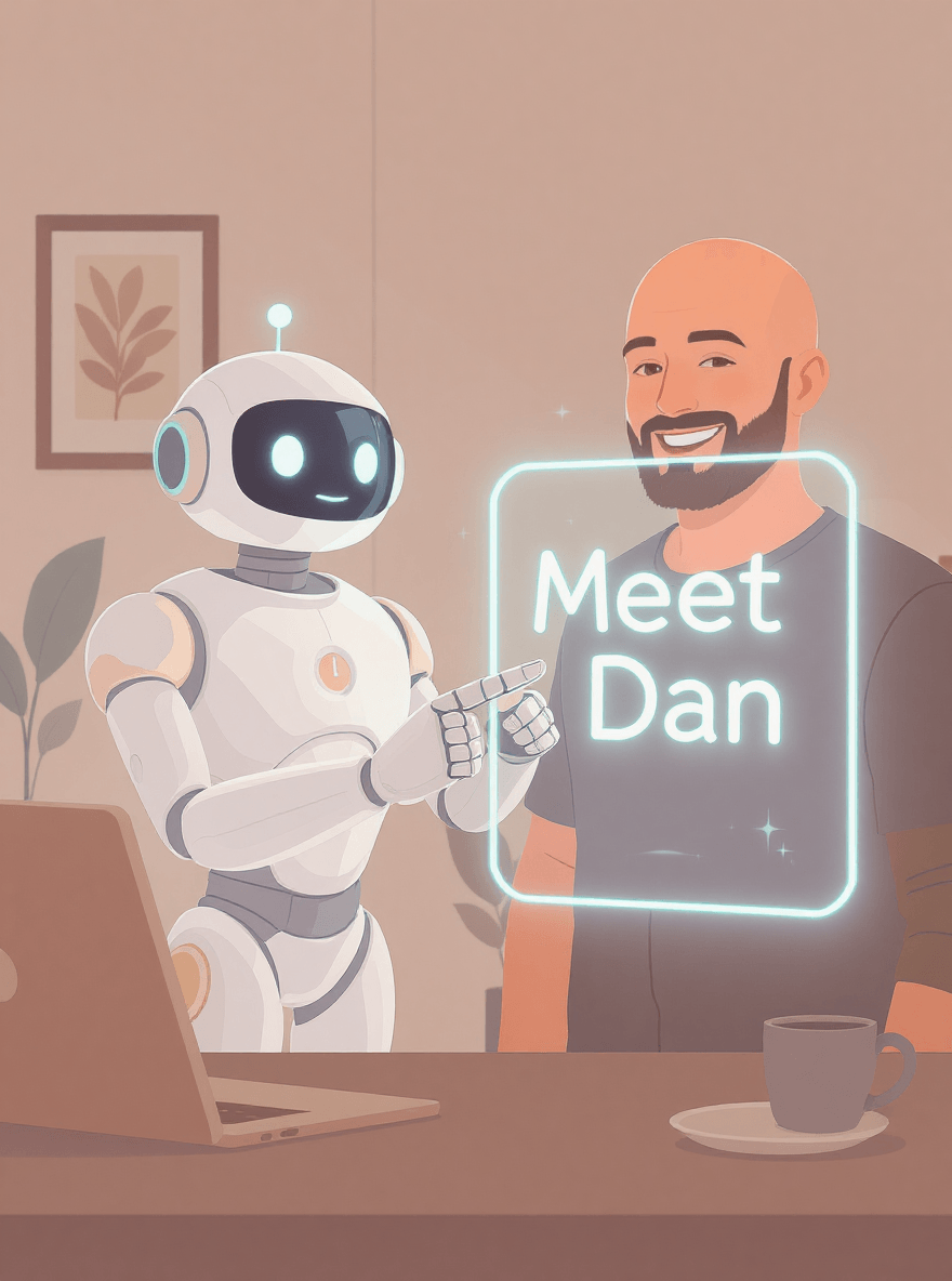 Robot mascot pointing at a holographic 'Meet Dan' sign with a bald man with a beard smiling beside it, in warm beige and brown tones, representing the creator of Prompt Like a Pro