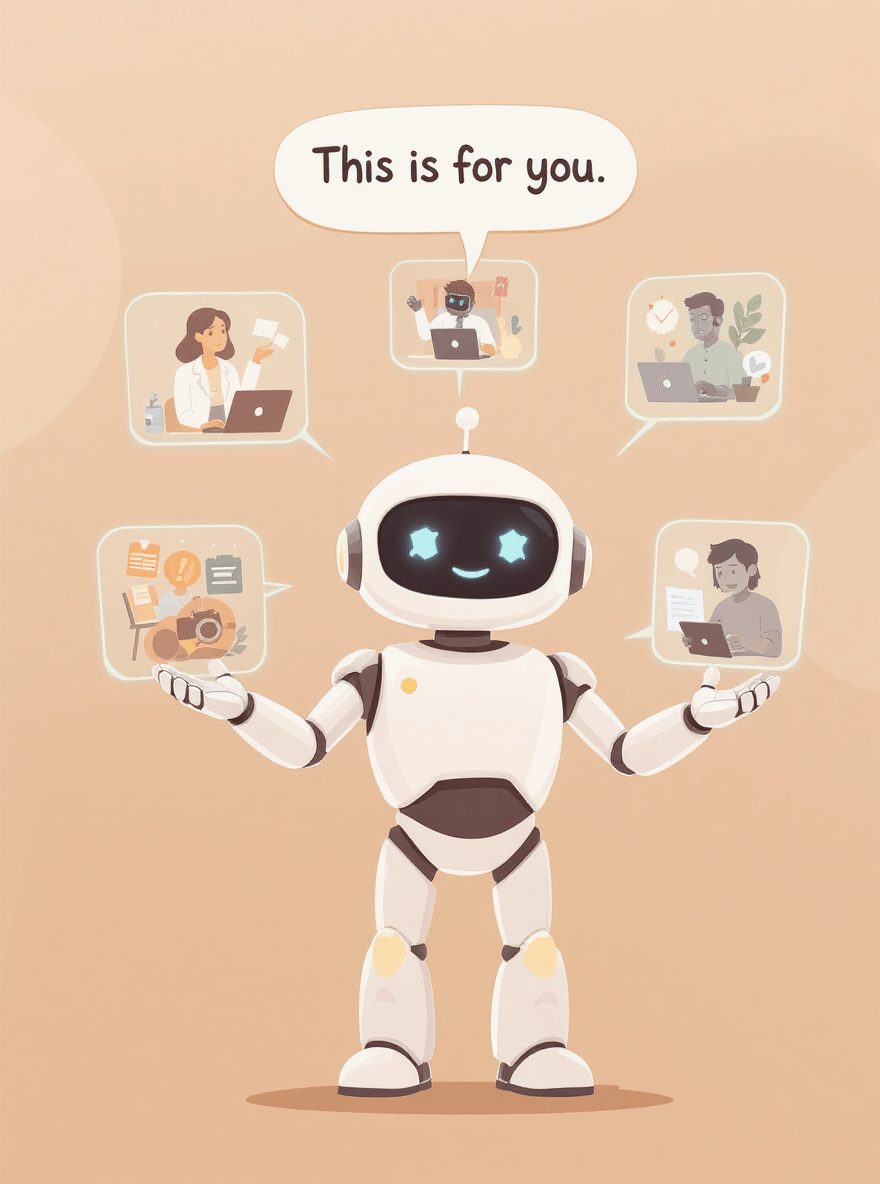 Robot mascot surrounded by holographic panels showing a coach, small business owner, creator, and frustrated person at a blank screen, representing who the AI prompt guide is for.