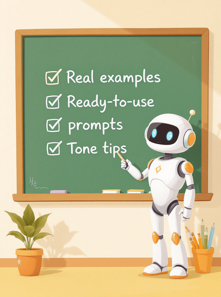 Robot teacher at chalkboard explaining why AI prompt frameworks work with clear bullet points
