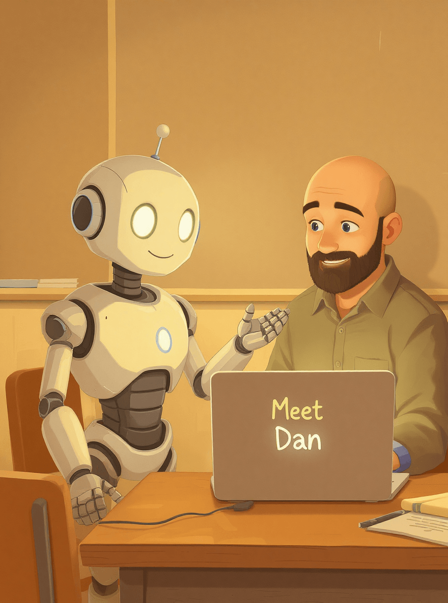 Robot and bald man with beard at a desk introducing the creator Dan from Simplify AI.