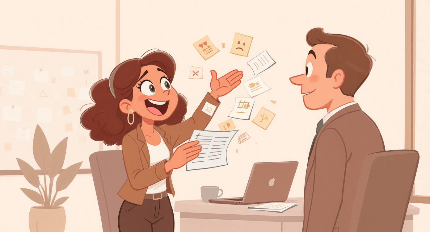 Illustration of a woman enthusiastically sharing notes with a colleague, representing AI users overwhelmed by too many tools or using the wrong one.