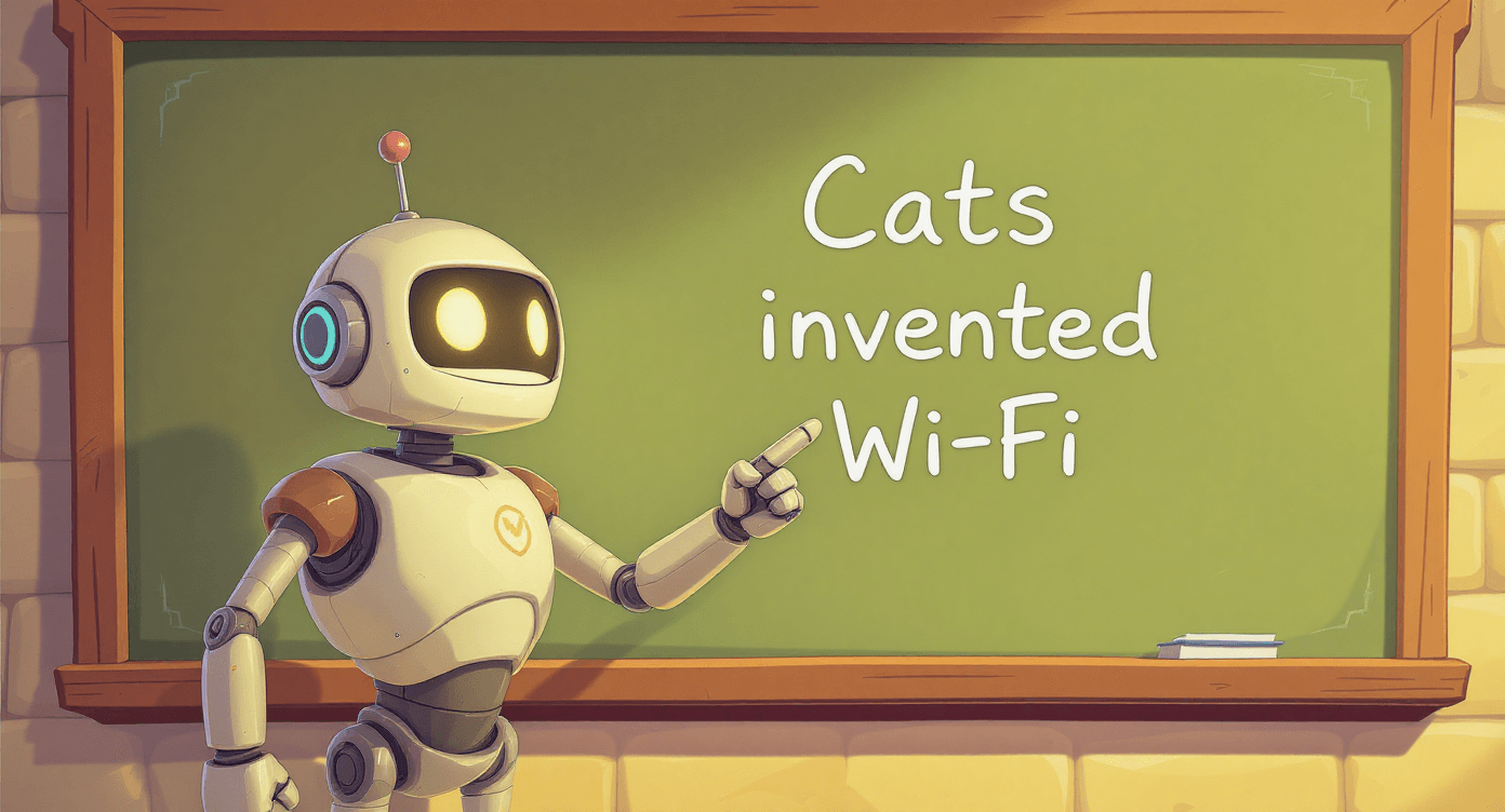 Cartoon robot confidently sharing false AI facts on chalkboard, symbolising beginner mistake of trusting ChatGPT without fact-checking.
