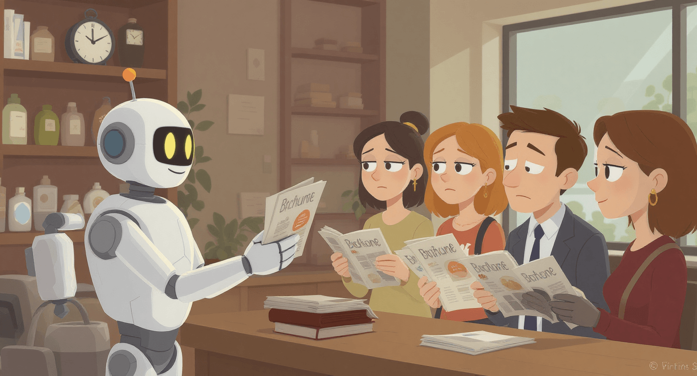 Cartoon customers reacting to identical AI-generated brochures, representing why unedited AI content feels generic and impersonal.