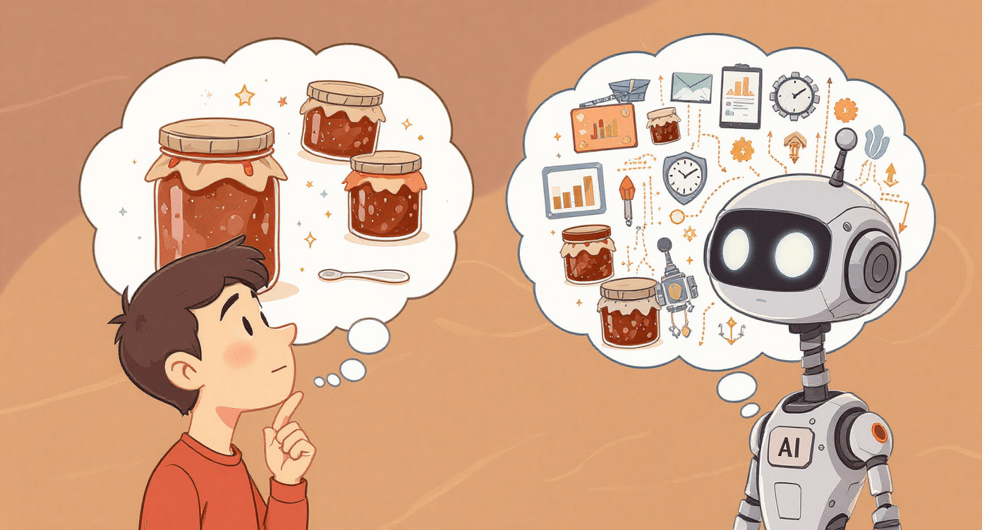 Cartoon miscommunication where beginner thinks jam but AI shows tech, symbolising need for clear context in AI prompts.