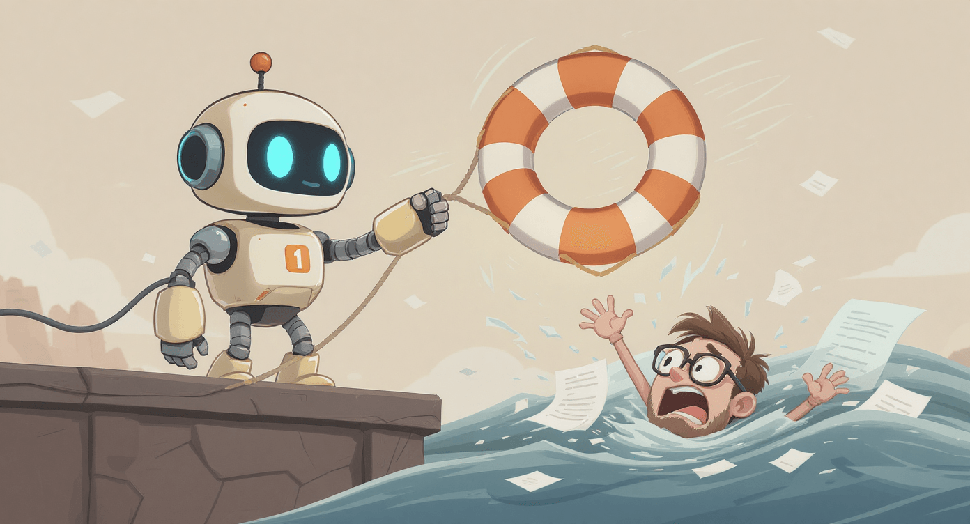 Funny cartoon robot saving beginner from drowning in paperwork with a recovery plan lifebuoy