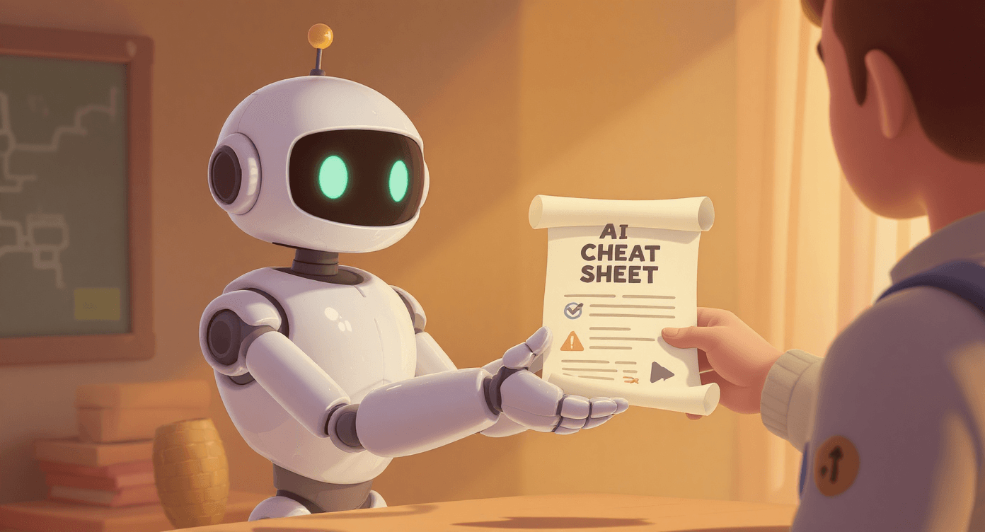 Cartoon robot giving a beginner an AI cheat sheet scroll, symbolising easy guidance and practical tools.