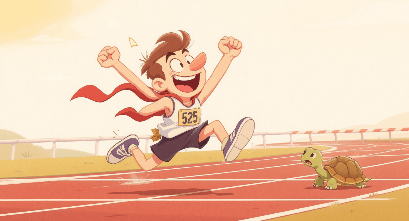 Quick AI wins for beginners - illustration of person outrunning tortoise showing how AI tools accelerate email writing and content creation tasks