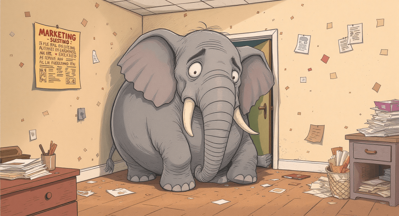 Addressing AI myths - large elephant in office meeting room while people discuss artificial intelligence replacing jobs and taking over world fears