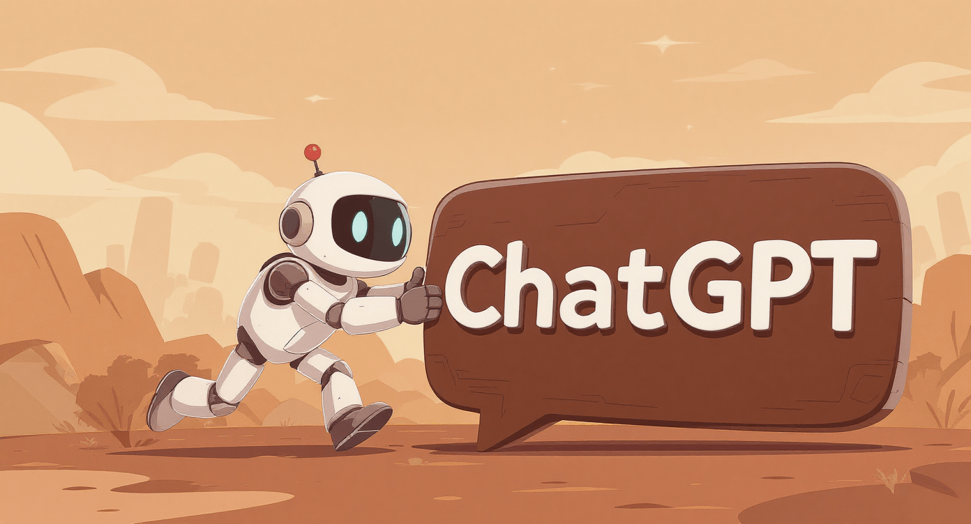 Robot helper pushing ChatGPT logo in race illustration showing how AI speeds up email subject line writing and content creation tasks for beginners