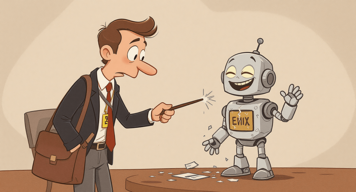 Beginner safely interacting with AI tools - cartoon showing AI is harmless for new users