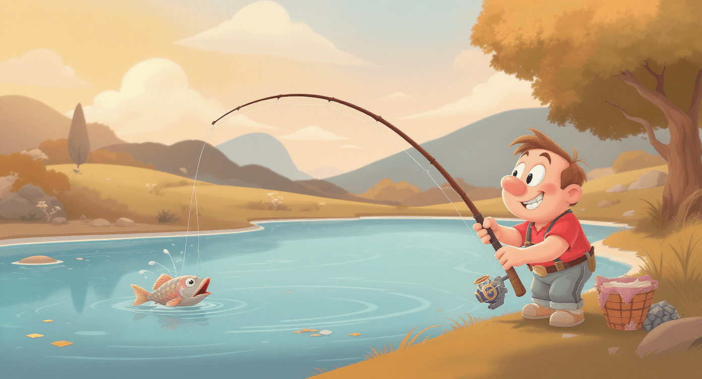 cartoon man catching a fish symbolising the AI expectations reality check - balanced view of artificial intelligence capabilities for beginners