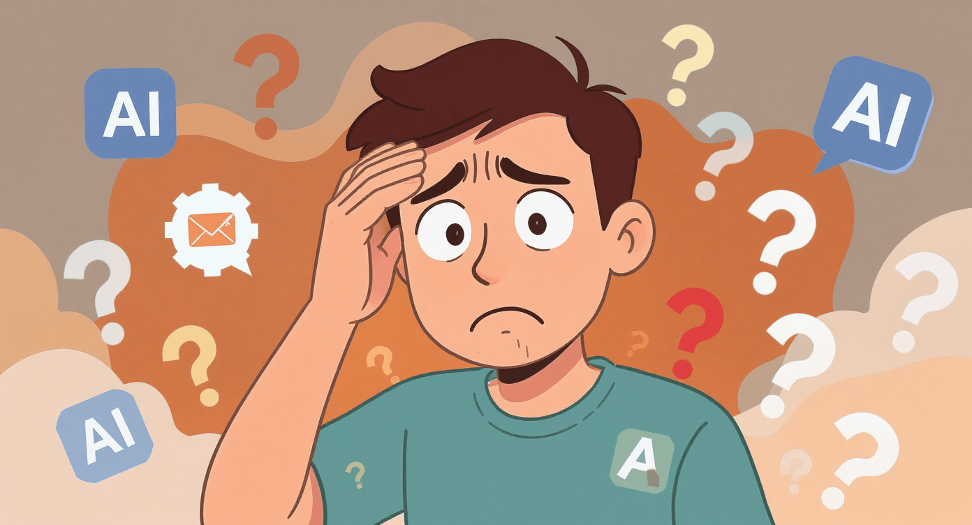 Funny AI tool selection confusion - beginner overwhelmed by AI options illustration