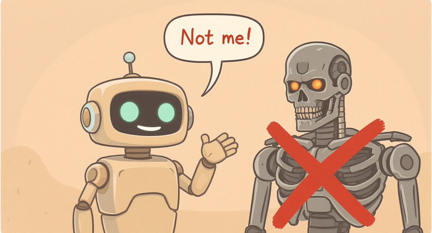 AI fears debunked - friendly cartoon robot waving hello next to crossed-out Terminator robot, showing artificial intelligence is helpful not threatening for beginners