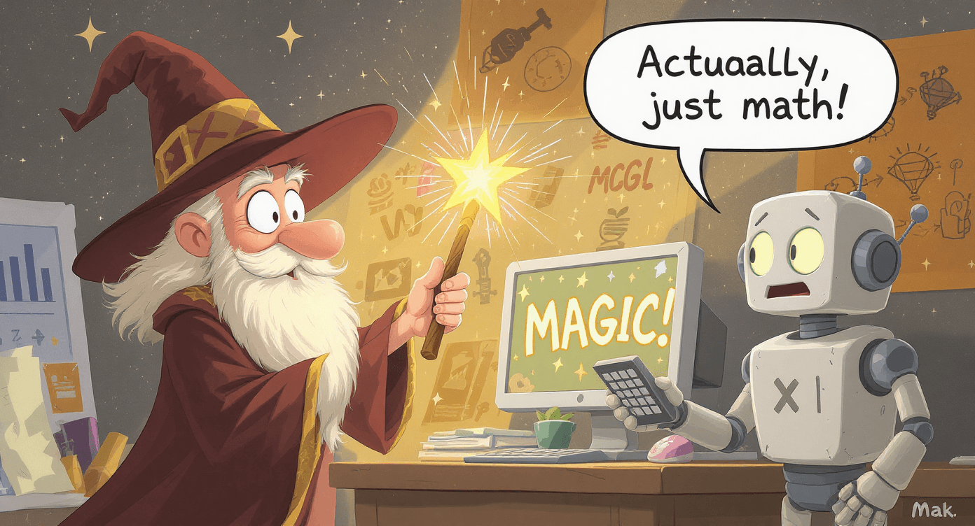 AI is not magic explained with humor - cartoon wizard claiming computer magic versus friendly robot with calculator showing artificial intelligence is just mathematics for beginners