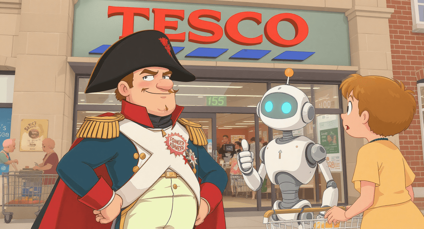Funny cartoon Napoleon standing outside Tesco with a robot, highlighting how AI can confidently generate false information