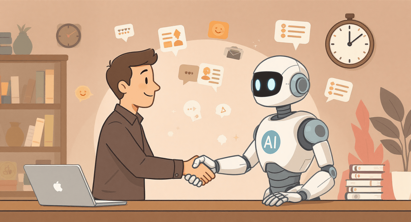 AI beginner successfully partnering with AI assistant, showing time savings and quality content creation