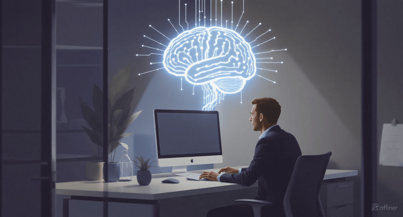 Artificial intelligence AI concept illustration showing person using computer with neural network connections representing machine learning technology