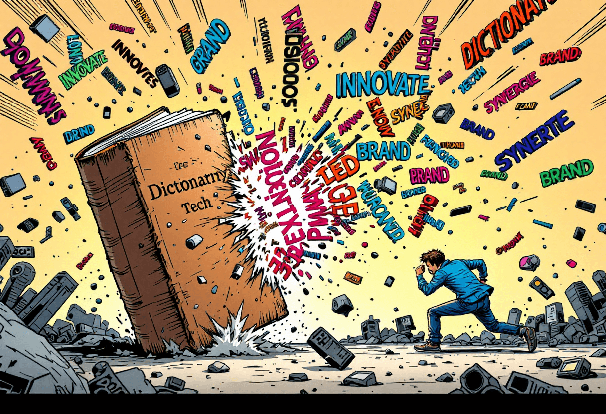 Humorous AI terminology explosion illustration showing dictionary bursting with artificial intelligence buzzwords and technical jargon flying around
