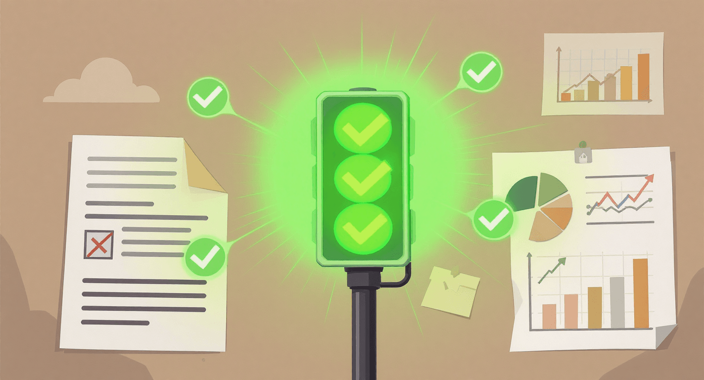 Professional AI green flags showing positive indicators with checkmarks representing trustworthy artificial intelligence claims and legitimate business documentationnce step-by-step instructions and computer programming logicial intelligence data quality and algorithm confusion