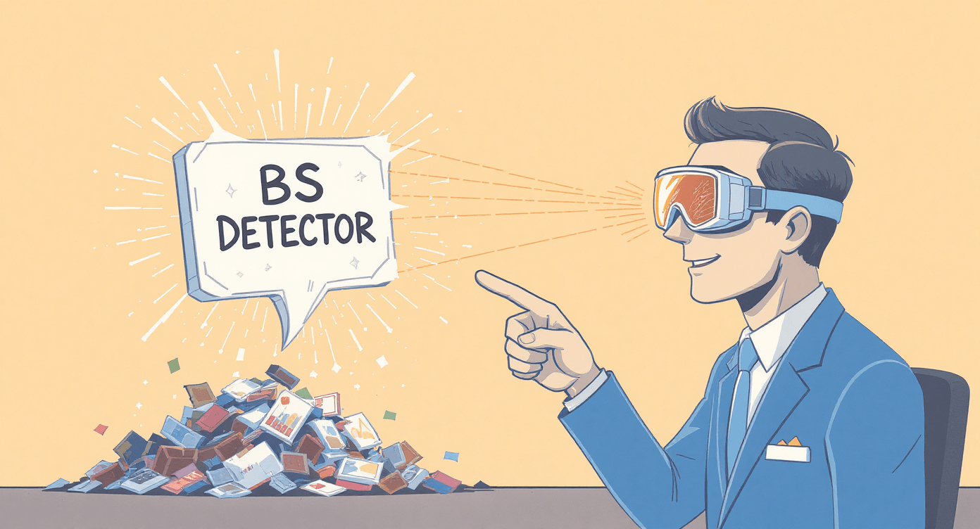 Humorous AI bullshit detector showing person with special goggles identifying artificial intelligence marketing hype and making it disappear