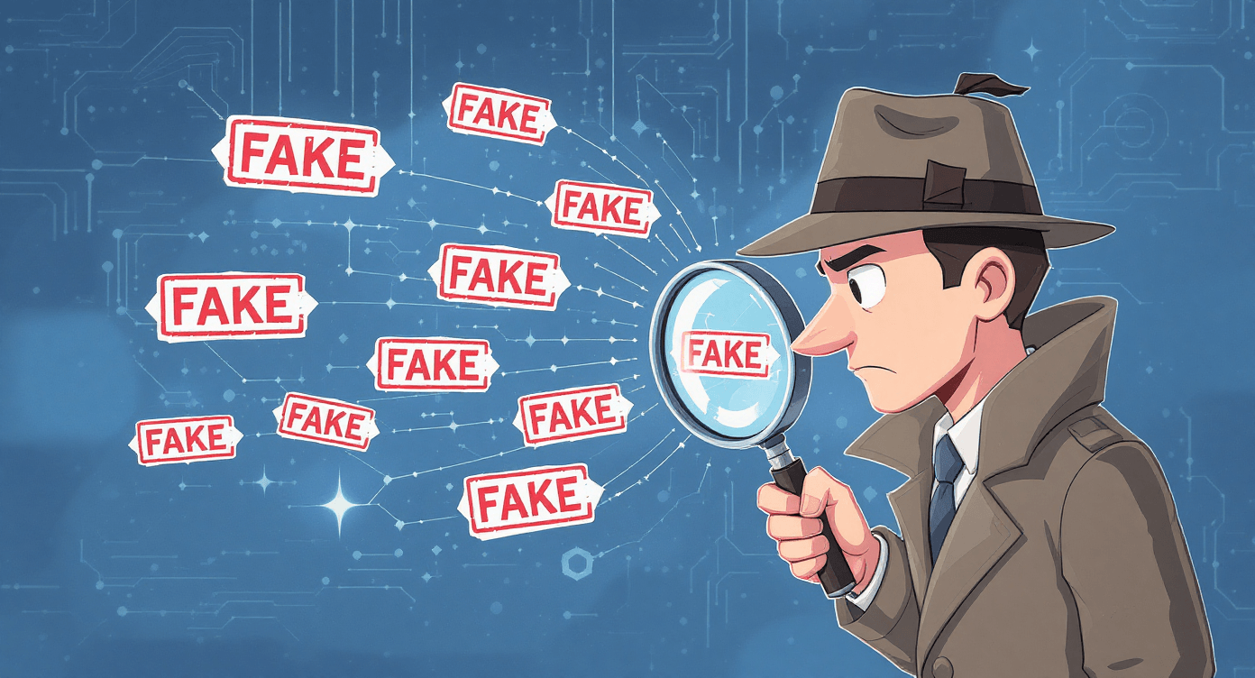 Funny AI detective illustration showing investigator with magnifying glass exposing fake artificial intelligence buzzwords and marketing deception with stamps