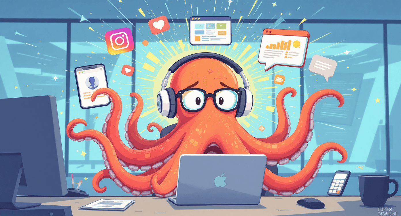 Funny multimodal AI concept showing multitasking octopus with accessories representing artificial intelligence attempting to process various media types