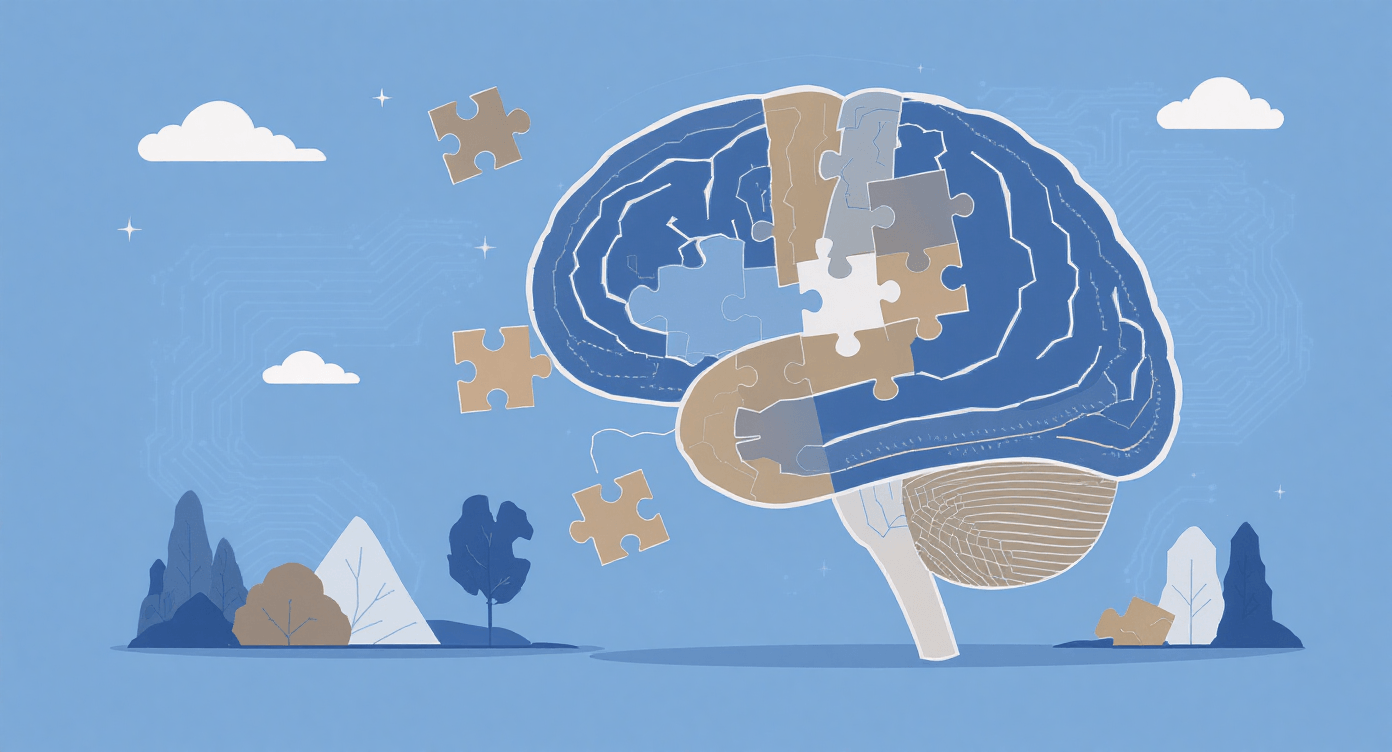 Professional AGI development showing incomplete brain puzzle with missing pieces representing artificial general intelligence research gaps and challenges