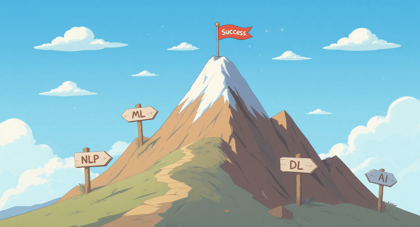 Professional AI learning journey showing mountain climb with artificial intelligence terminology signposts leading to corporate success summit achievement
