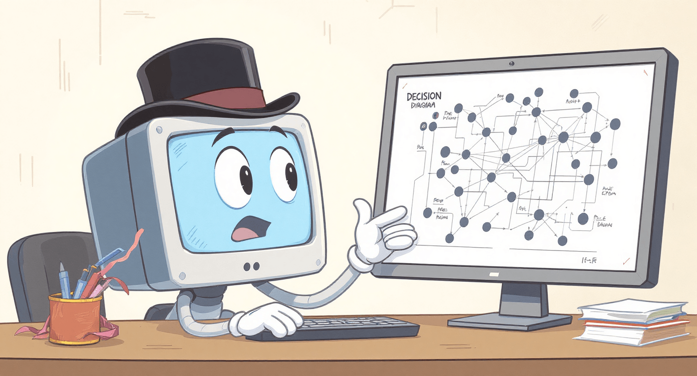 Humorous explainable AI illustration showing British computer attempting to explain artificial intelligence decisions with complex diagrams and reasoning