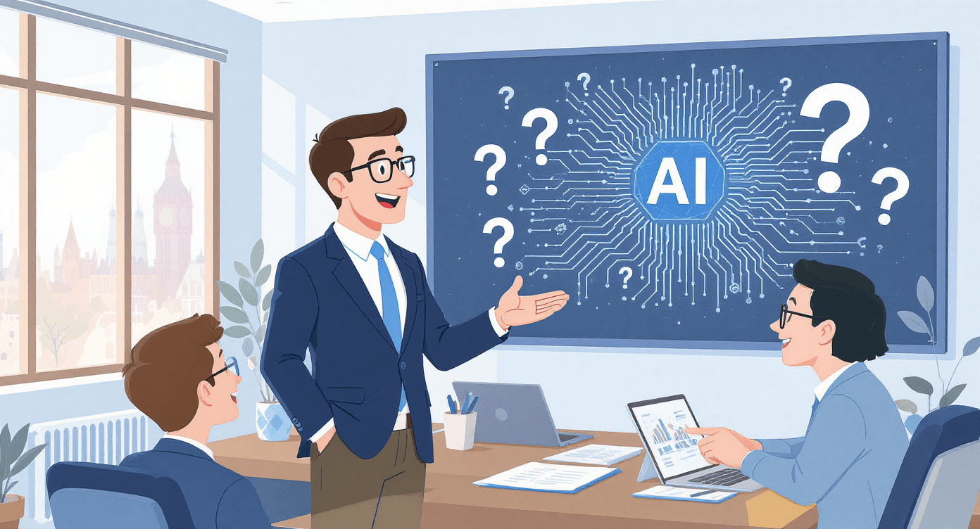 Humorous British AI meeting illustration showing one confident person explaining artificial intelligence terminology while colleagues remain confused about jargon