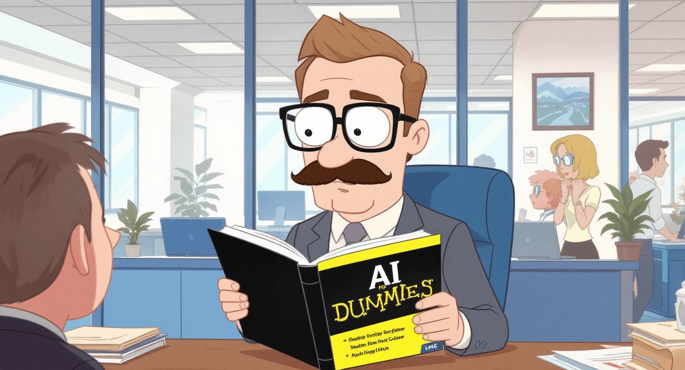 Humorous AI jargon illustration showing person with disguise pretending to be artificial intelligence expert while secretly learning basics