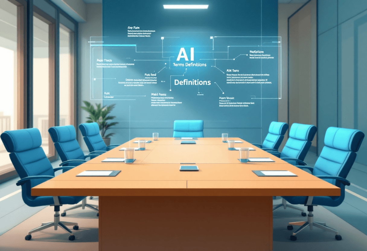 Professional AI terminology meeting illustration showing holographic artificial intelligence buzzwords definitions in modern corporate boardroom business setting