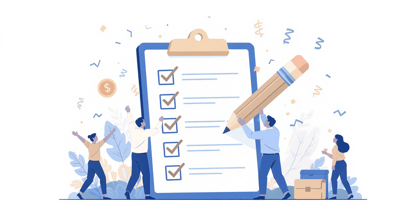 Funny AI progress tracking showing enthusiastic person with giant pencil checking off artificial intelligence learning milestones with celebration confetti