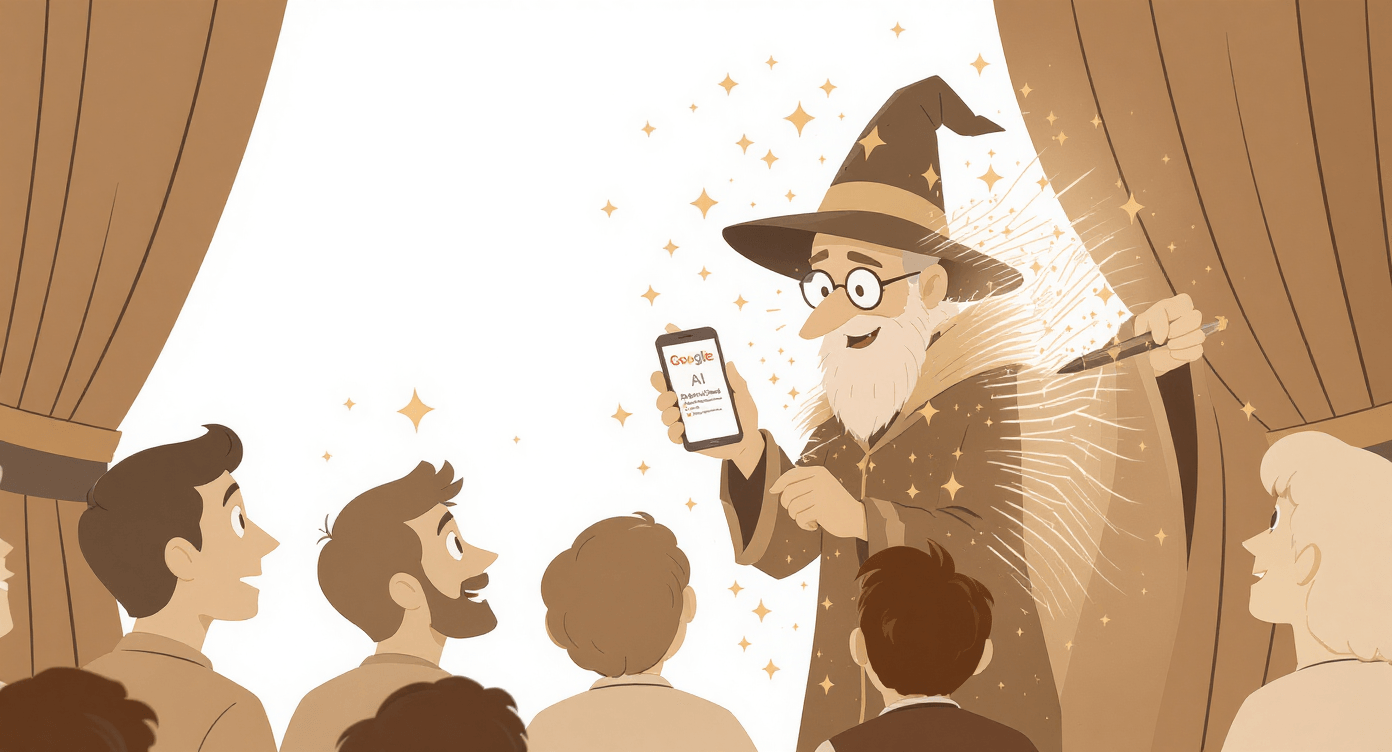 Humorous AI wizard illusion showing ordinary person behind curtain googling artificial intelligence definitions representing exposed fake expertise and knowledge