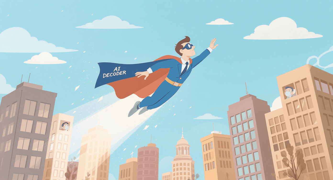 Humorous AI decoder superhero flying over corporate city representing artificial intelligence knowledge empowerment and ability to help confused workers