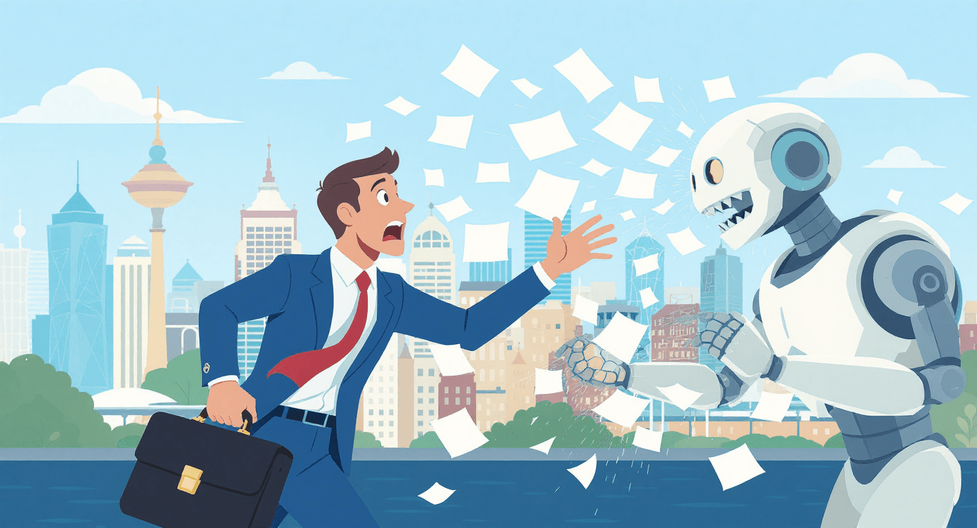 AI privacy data leak businessman dropping papers competitor robot Manchester flat vector