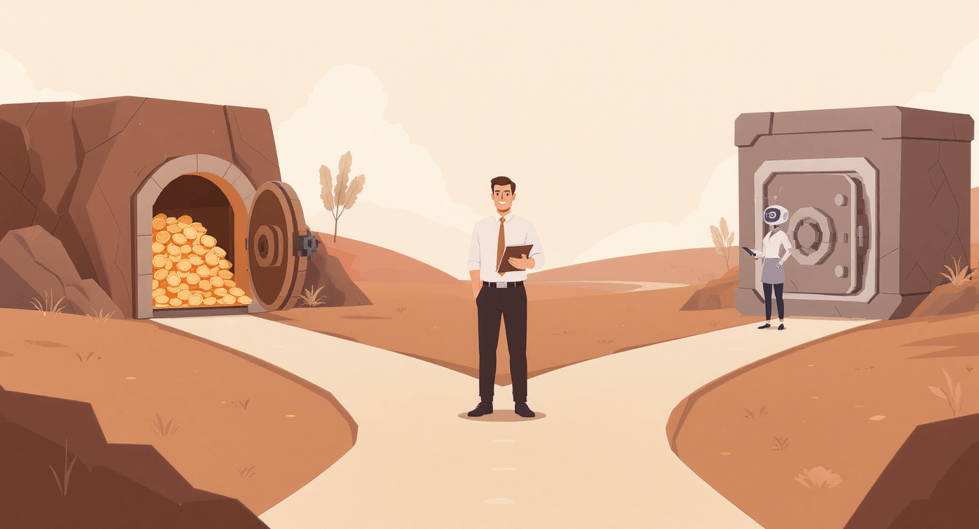 AI data privacy crossroads vault safe office worker flat vector professional illustration