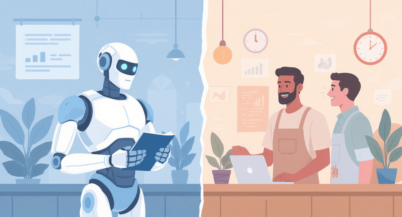 AI disclosure comparison robotic vs natural communication split scene flat vector illustration