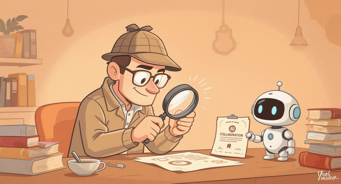 AI content ownership detective examining document collaboration certificate flat vector professional illustration