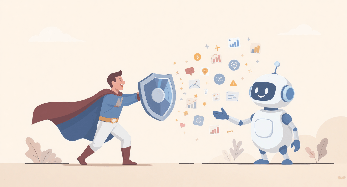 AI privacy protection tactics superhero shield deflecting data symbols flat vector professional