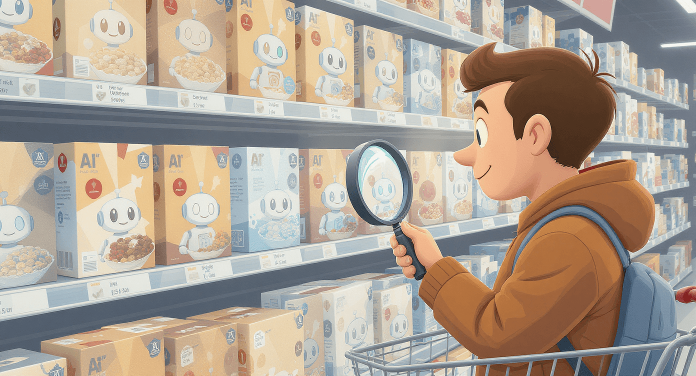 Cartoon person shopping for AI tools comparison guide - beginner choosing secure ChatGPT Claude alternatives with privacy protection - AI security guide illustration