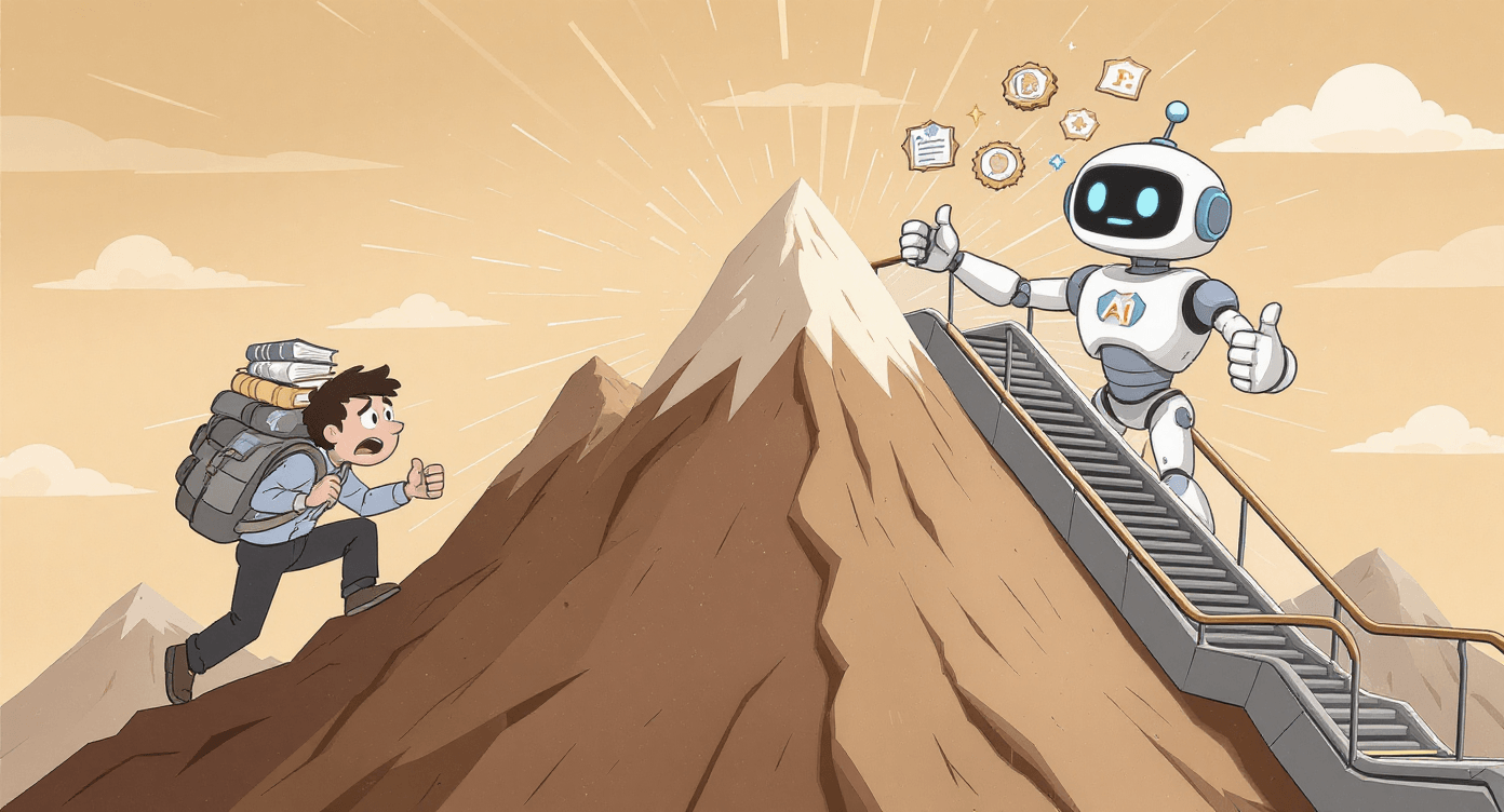 AI learning benefits cartoon showing AI tutoring and skill development acceleration - beginner AI education tools illustration