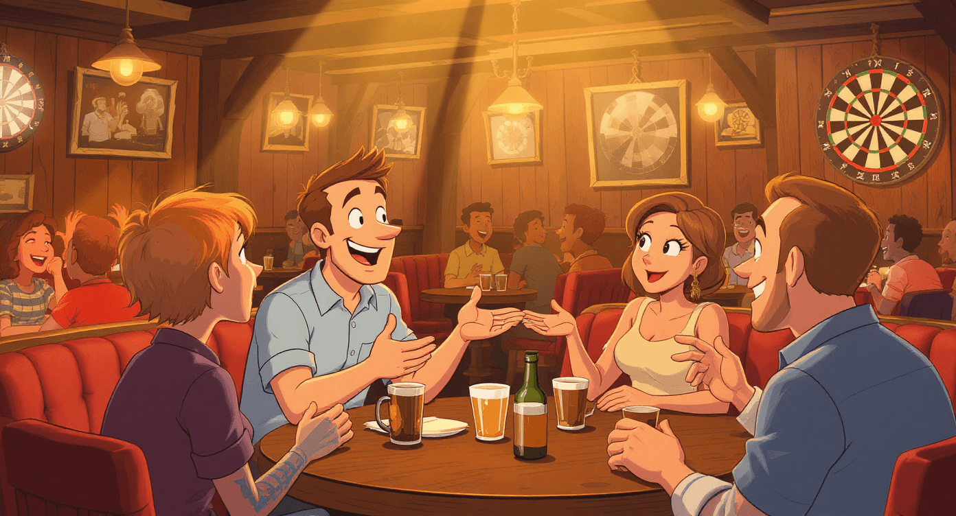 Safe AI sharing cartoon showing comfortable public conversation - AI pub test security rule illustration for beginners