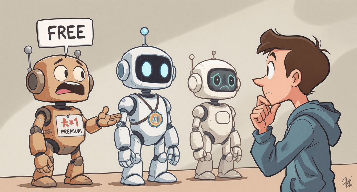 AI tool comparison cartoon showing different AI service types and privacy levels - beginner AI tool selection guide illustration