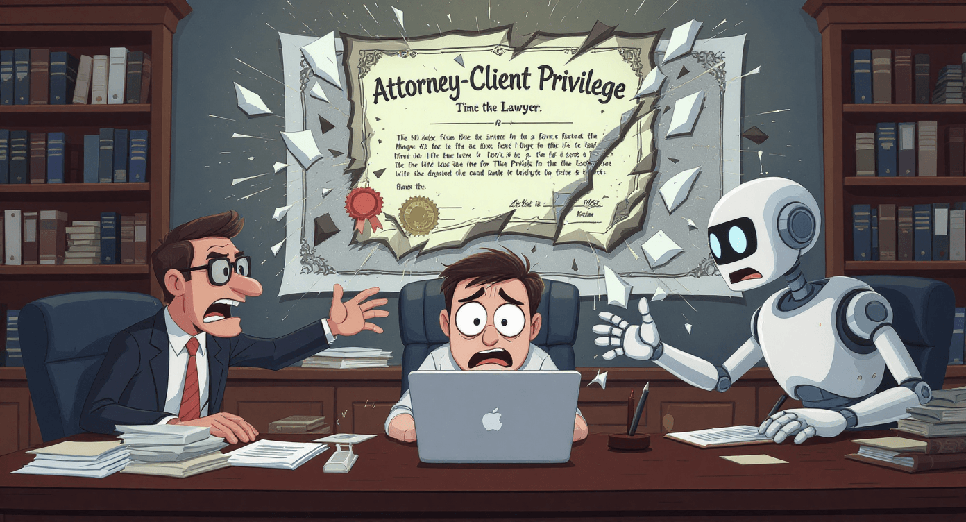 Attorney client privilege AI risks cartoon showing legal confidentiality threats - AI legal security illustration for beginners