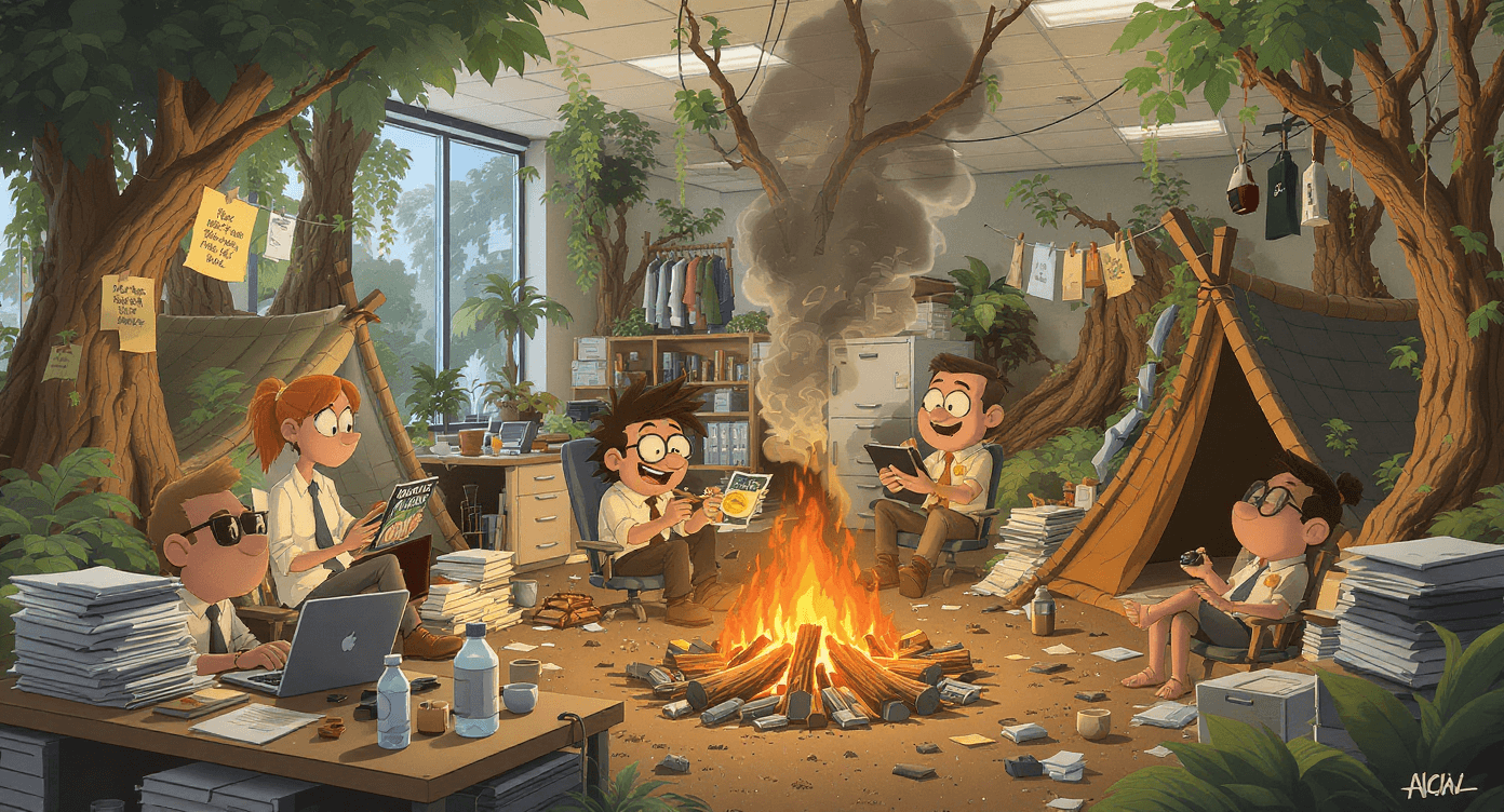 Office survival cartoon showing workplace transformed into survival camp - AI workplace security humour illustration for office survival guide