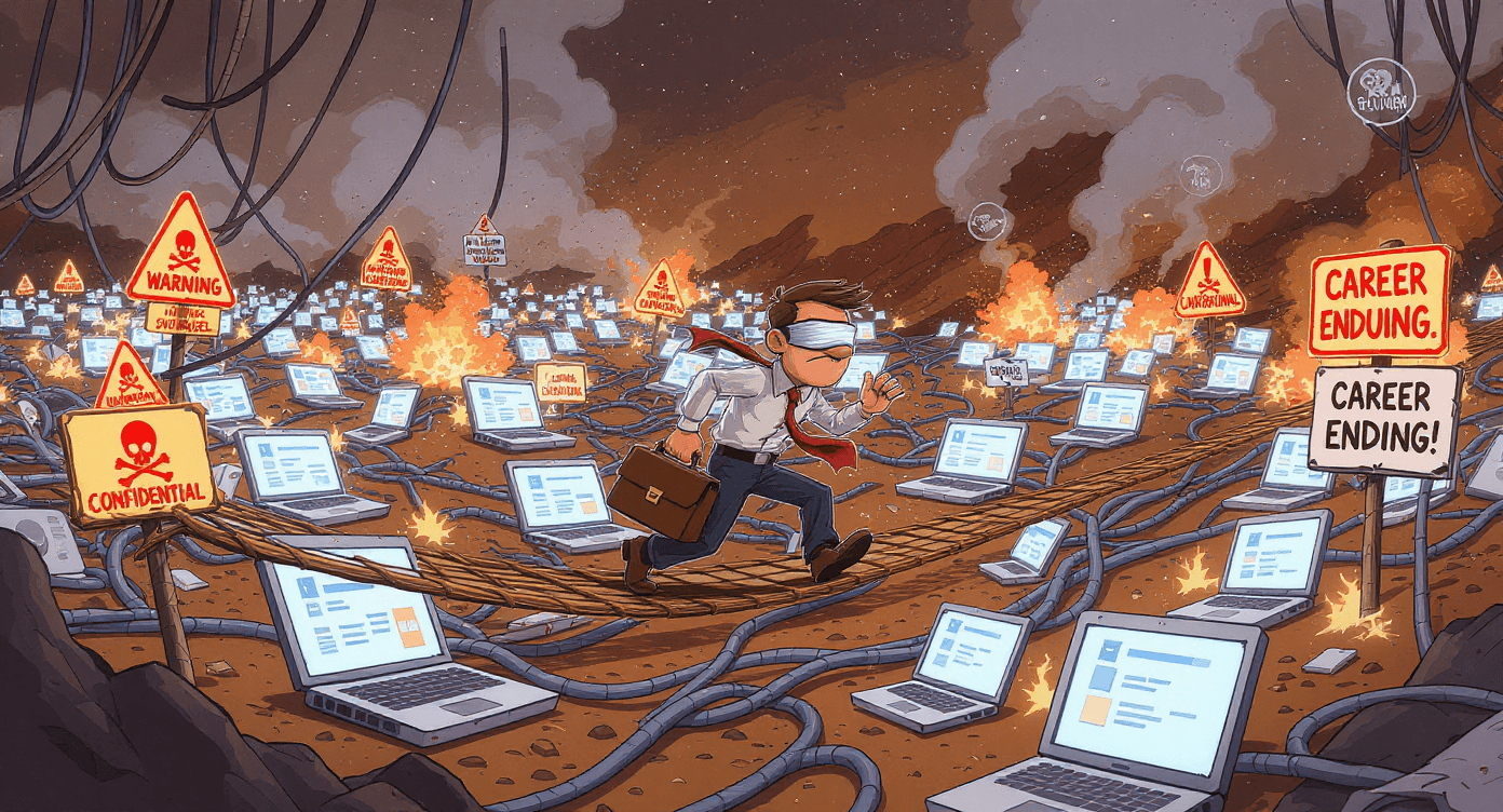 Career danger zone cartoon showing workplace data sharing risks - AI security career-limiting mistakes illustration for office safety